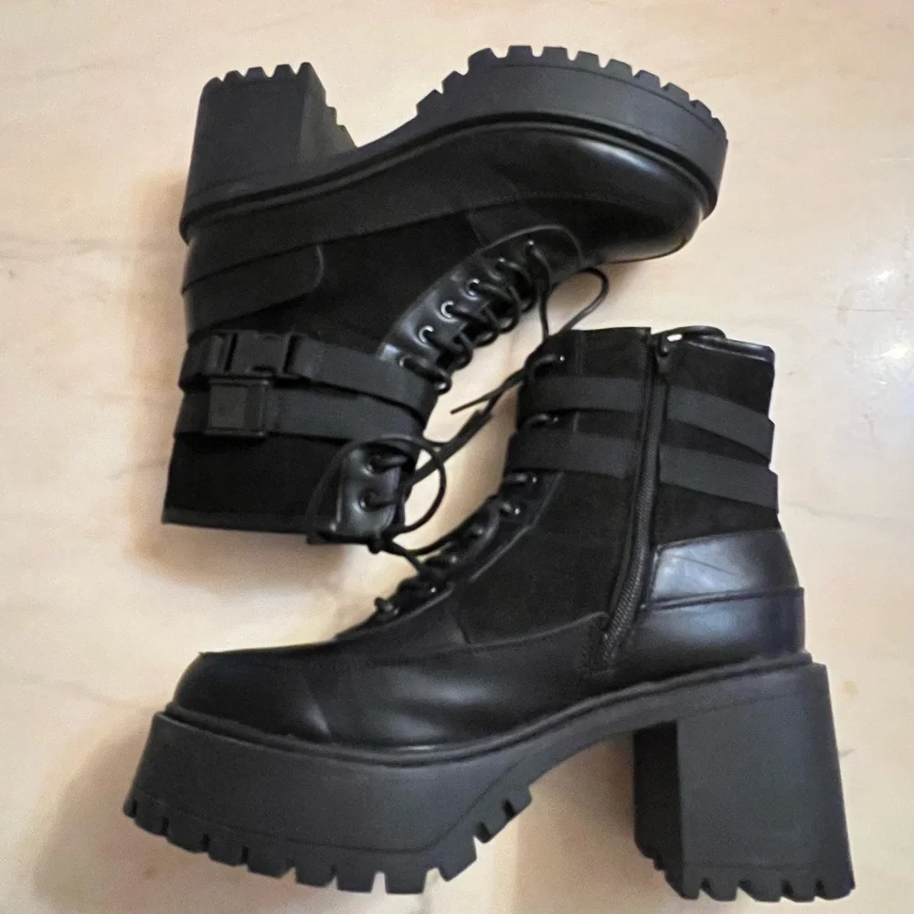 French connection black combat chunky platform lug boots size 10 vegan leather - Picture 4 of 10